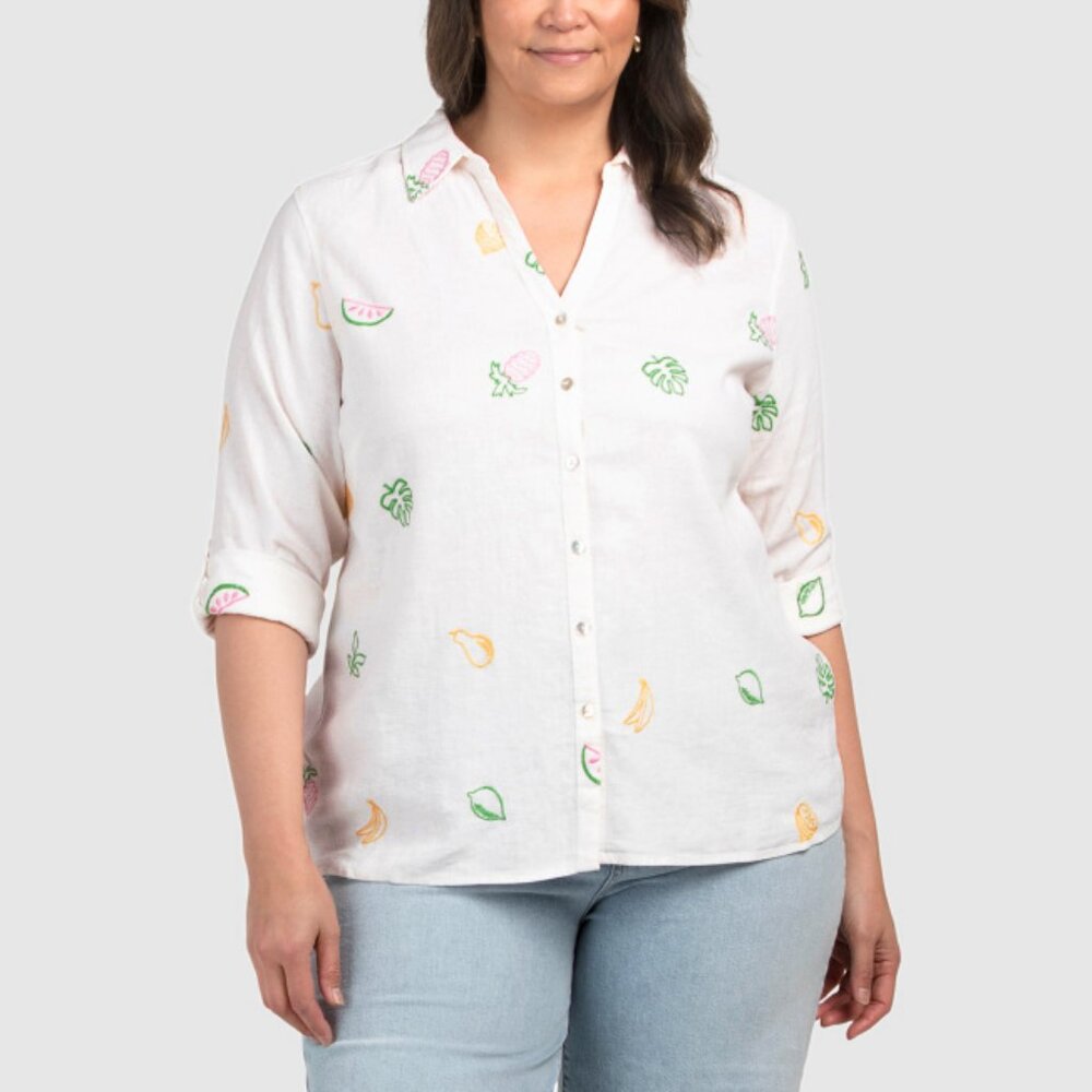 C&C California | Tutti Frutti Embroidered Linen Blend Button Front Shirt | NWT